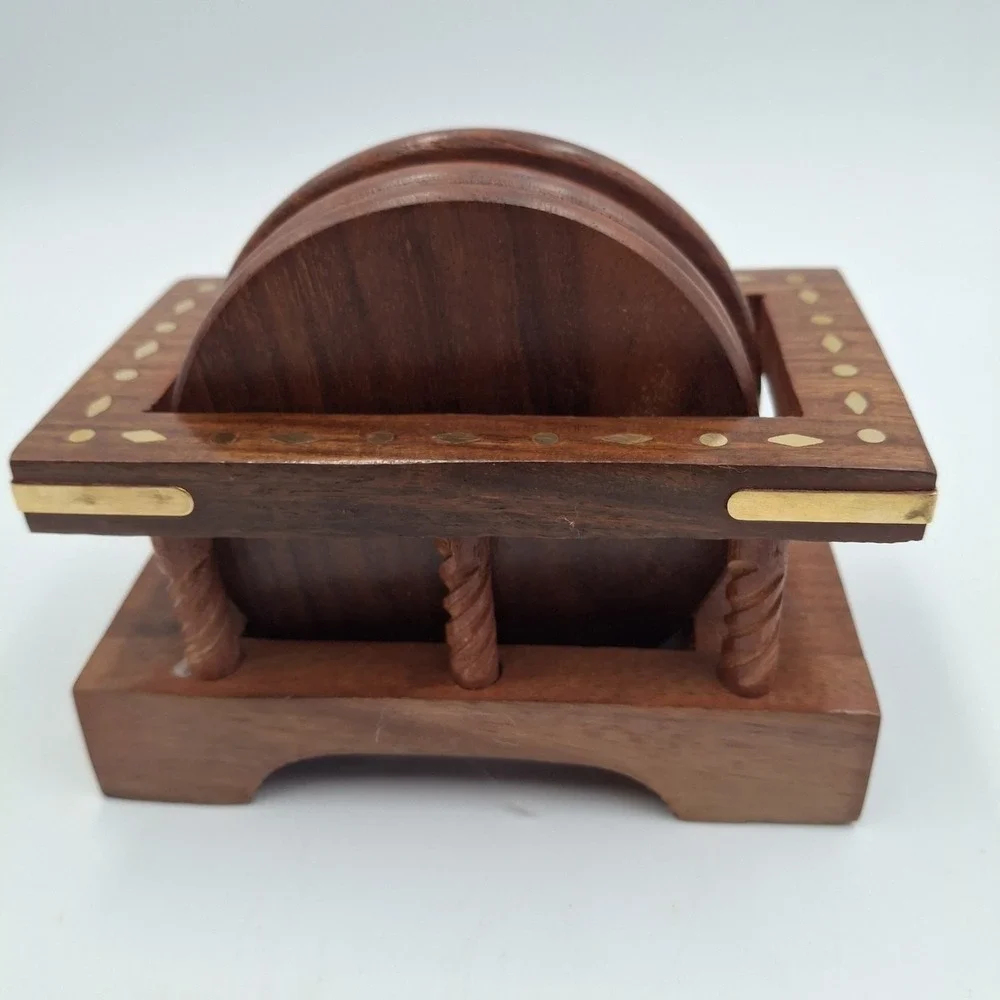 Kapasi Handcrafted Wooden Coaster Set of‎ 6 & Holder Carved Flower Brass Inlay